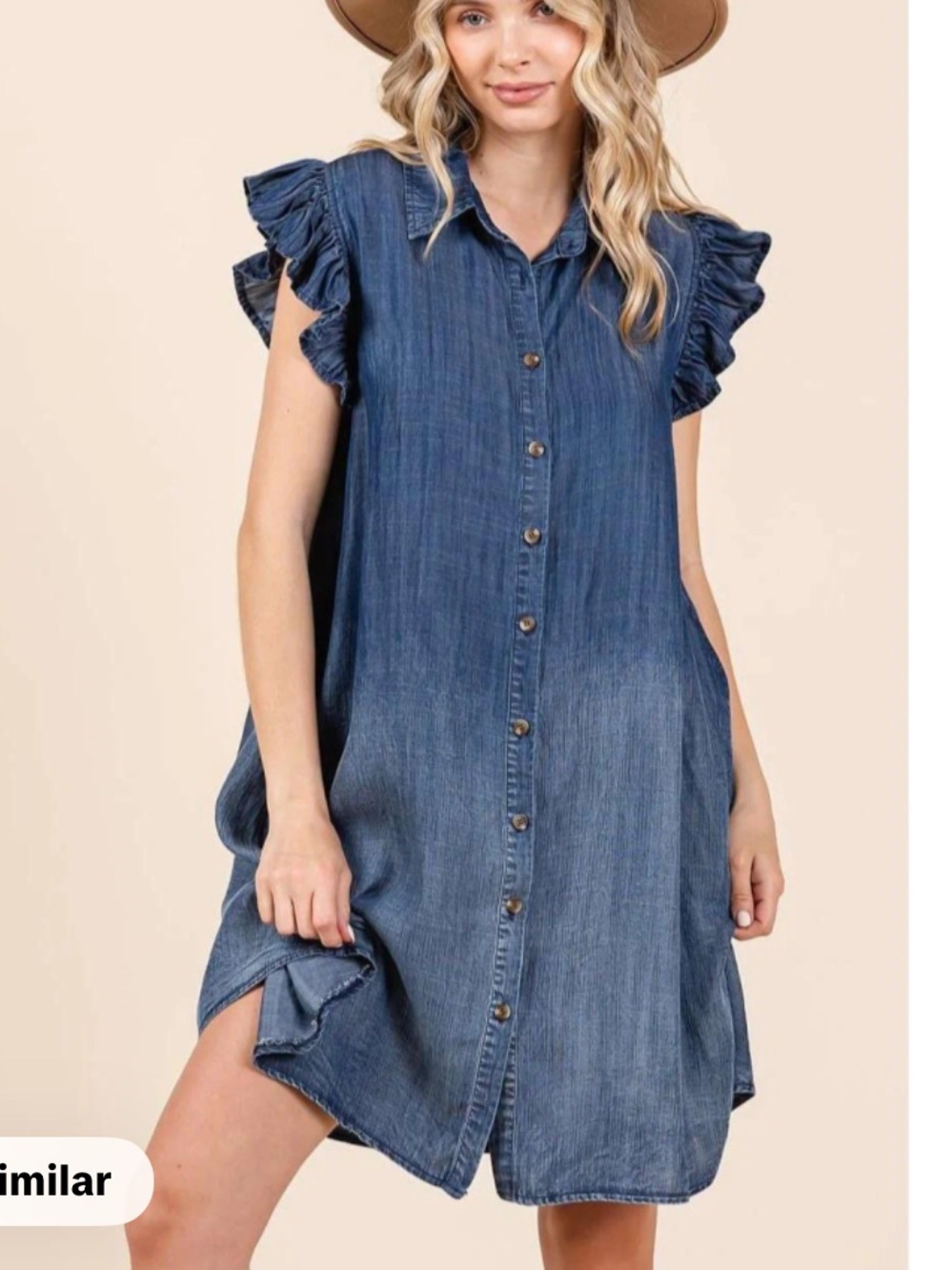 mittoshop Denim Button-Front Ruffle-Sleeve Mini Dress - Blue